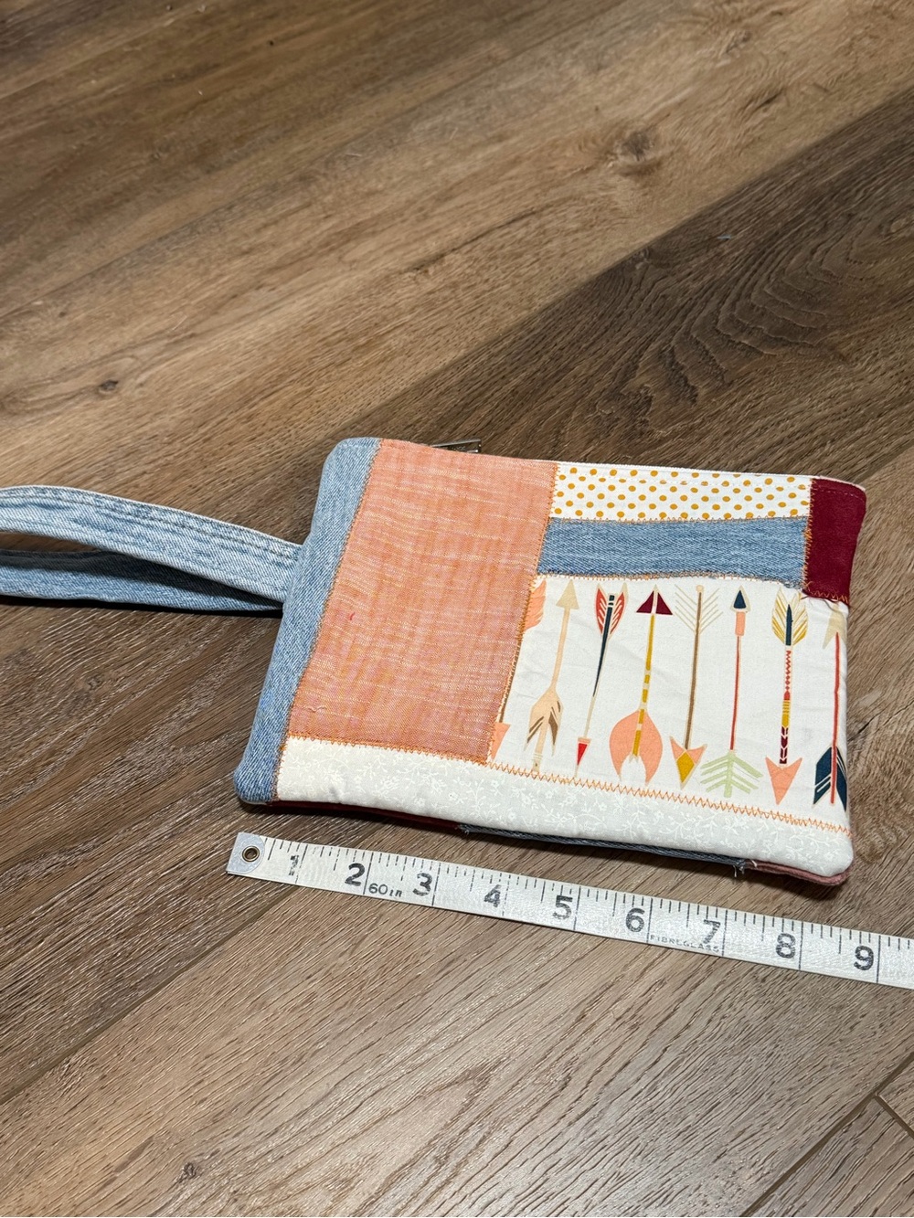 Patchwork Arrow Print Wristlet Clutch in Coral and Denim